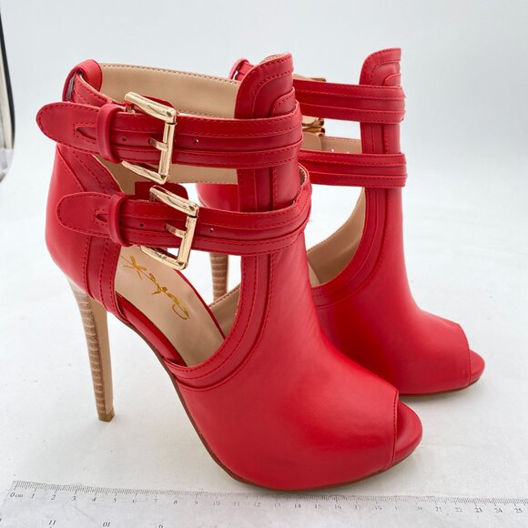 XYD Red Peep Toe Ankle Bootie High Heels Buckled Double Straps Cutout Party Shoe - Picture 4 of 8